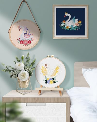 TINDTOP 3 Pack Embroidery Kit for Adult Beginners, Embroidery DIY Starter Kit, with Swan Stamped Patterns, Hoop, Tools, Colorful Threads with Needles, Instructions - color: Swan