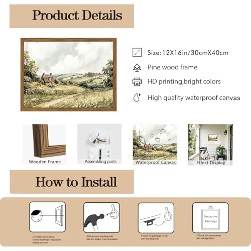 Framed Vintage Canvas Wall Art, Cottage Landscape Wall Decor Paintings, Rustic Farmhouse Pictures Prints Aesthetic Home Decor for Living Room Bedroom Bathroom 12x16 inch - color: Country Path, size: 16"L x 12"W