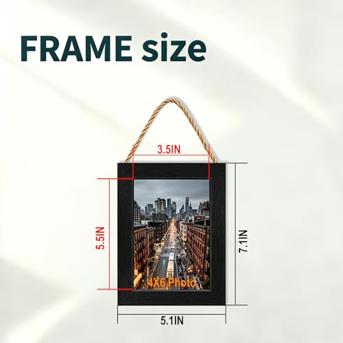 4x6 Hanging Collage Picture Frames Wall Decor, 1-Opening 4x6 Rustic Wood Frame with Hemp Rope Rustic Black - color: Black, size: 4x6