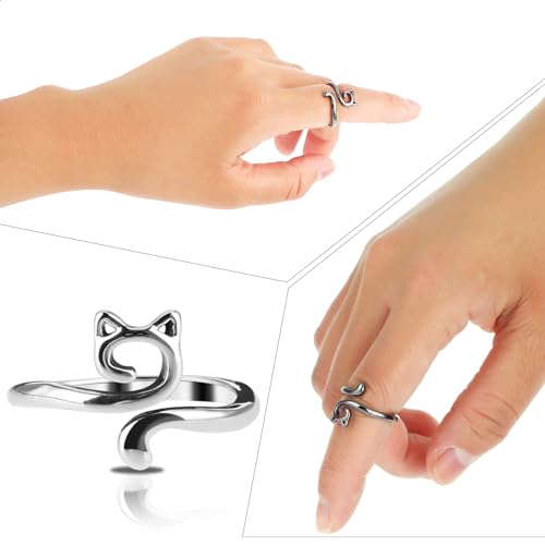 YUXIANLB 4pcs Knitting Crochet Loop Ring for Fingers Metal Open Yarn Guide Crochet Rings Adjustable Braided Faster Knitting Thimbles Holders Accessories for Crochet Mother Grandma Gifts (Cat Style) - color: 2Silver,2Black