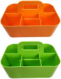 2 Pack Small 6 Compartment Multiuse Caddy Organizer with Handle Art Craft Supplies, Office, Desk, Stationery Pen Holder Stackable- Made In USA (Orange/Green) - color: Orange / Green