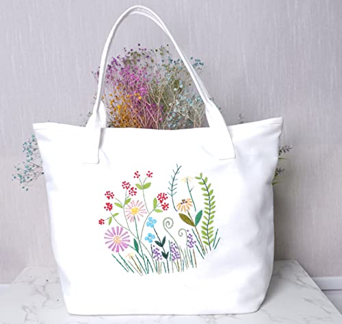 Embroidery Kit Canvas Tote Bag with Patterns for Beginners, Personalized Canvas Bag Kits, Bamboo Embroidery Hoop, English Instruction for DIY Crafts with Tools - color: Multi 1