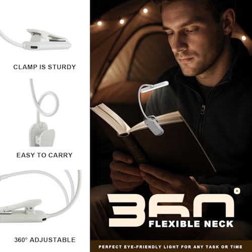 Rechargeable Book Light for Reading in Bed 25 LED Eye Caring | 15 Level Stepless Dimming, Extended 90Hrs Runtime, Lightweight Clip on Light, Gifts for Book Lovers, White - color: M1-Clip Light-White