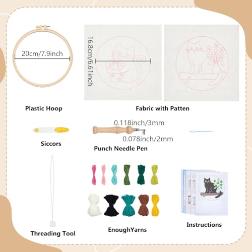 BEUNITONE 2PCS Cat Punch Needle Kit for Adults Beginners, Complete Craft Embroidery Needlepoint Kits with Hoop and Instructions, Punch Needle Starter Craft Set for Home Decor, Festival Gift 20x20cm - color: 01-Cats and Plants