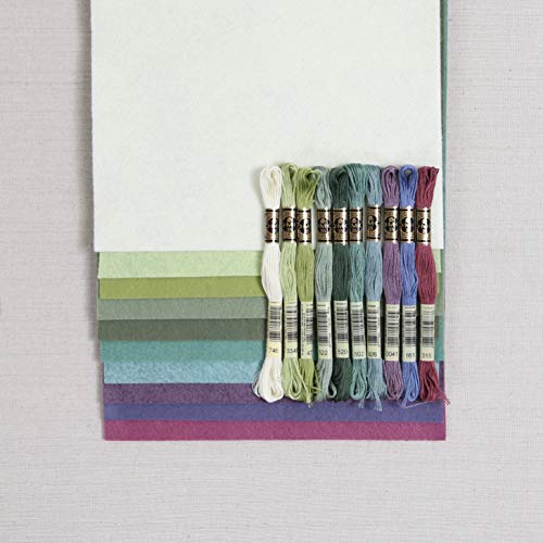 Benzie Design Wool Felt, 10 pcs 9"x12" in Flower Colors with Matching DMC Embroidery Floss, 1 mm Thick, Soft & Pliable, Wool Blend Felt, Succulents 9"x12" & Floss