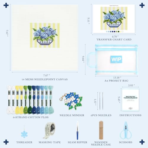 Kaitiaki 18 mesh Needlepoint Canvas Kit, 8 in Painted Canvas Set with Embroidery Floss, Needles, Guide Card, Instruction, Threader, Scissors & Project Bag for Crafter Gift(Hydrangea) - color: Hydrangea, size: 18 mesh