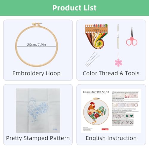Herdiese Embroidery Kit for Beginners & Adults, Rooster Flower Cross Stitch - color: Rooster
