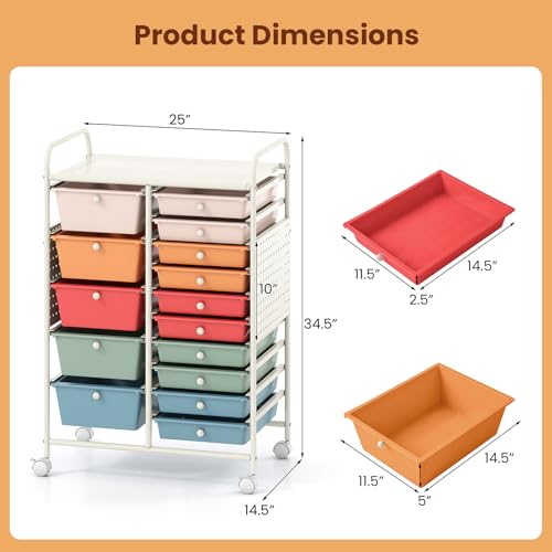 Giantex 15 Drawer Storage Cart, Rolling Craft Cart with Metal Tabletop & Pegboard, Mobile Utility Organizer Trolley with Locking Wheels, Home Office, Classroom, Teacher Supplies, Macaron Multicolor - color: Macaron, size: 15 Drawer-25"x14.5"x34.5"