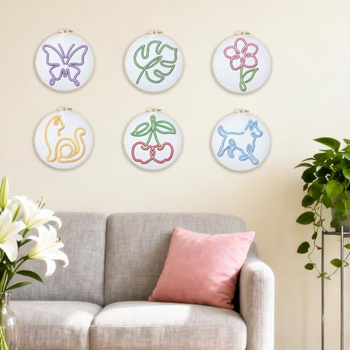 BEUNITONE Abstract Animal Embroidery Kit, 6PC Modern Line Art Needlepoint Kits with Hoops, Instructions, Threads, DIY Craft for Adults Beginners, Home Decor, Hand Embroidery Patterns for Gifts - style: Line Embroidery