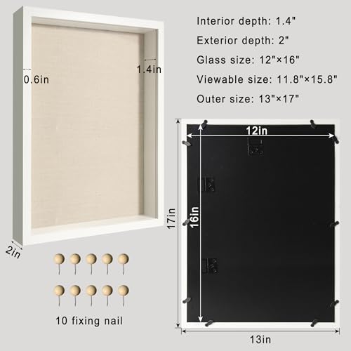 12x16 Large Shadow Box Picture Frame Display Case with Soft Linen Back, White Wooden Memory Shadow Box Frame with Tempered Glass Cover for Wall Display - color: White, size: 12x16