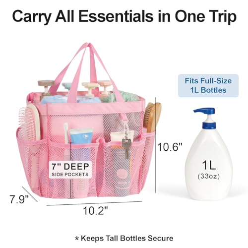 Mesh Shower Caddy Portable - 8 Pockets, S-Hook, Shower Bag for Dorm Camping - color: Pink, size: L (Classic Dorm Caddy)