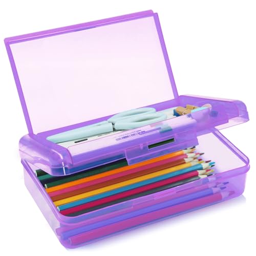 Double Layer Plastic Clear Hard Colored Pencil Box Case Pen Crayon Box - color: Light Purple