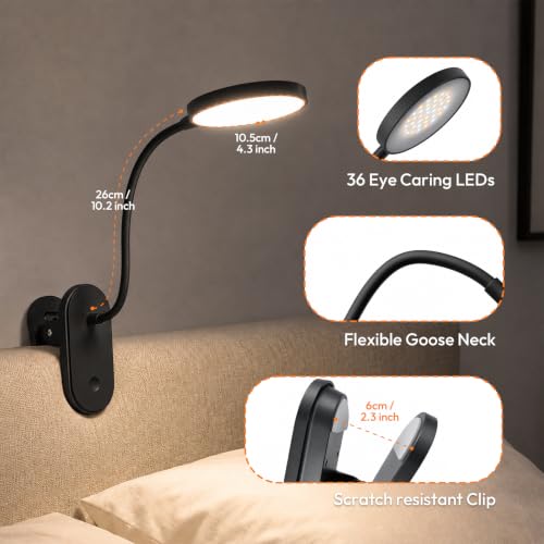 Clip on Light, Stepless Dimmable & 3 Colors Touch Control Clip On Bed Light. Dorm Room Essential 2600mAh Rechargeable Battery Powered Lamp. Flexible Clip On Lamp for Desk/Bedside/Headboard - color: Black