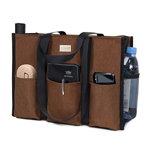 TOPDesign Utility Water Resistant Tote Bag with 13 Pockets, Zipper Closure - color: Brown, size: Large
