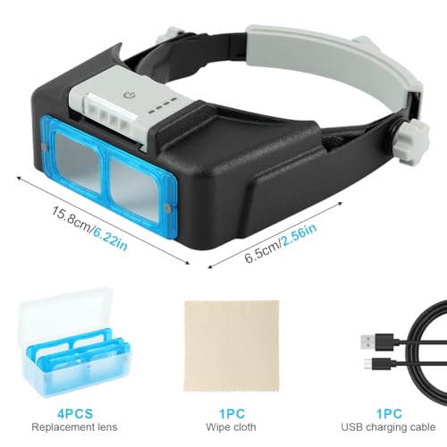 Headband Magnifier with Light,Rechargeable Magnifying Glasses for Close Work,1.5X to 3.5X Magnifier with 4 Lens,Jewelers Magnifying Glass Loupe Visor for Reading,Crafts,Hobby