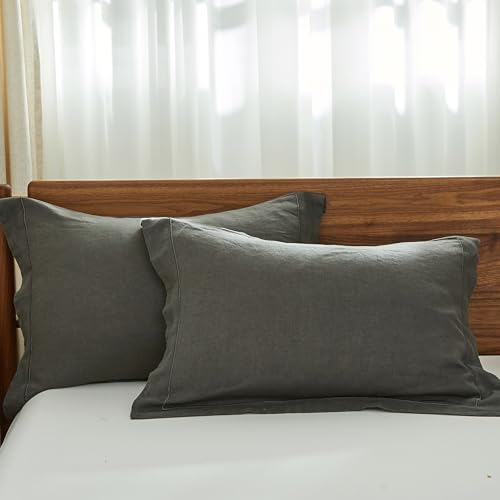 Simple&Opulence 100% French Linen Pillowcases with Embroidery – Pack of 2, Washed Solid Color Natural Flax, Soft & Breathable - Dark Grey, 20'' x 26'' - color: Dark Grey, size: Queen