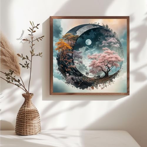 ZuoAnLF Moon Tree Cross Stitch Kits for Adults,14CT Stamped Cross Stitch Kits for Beginner,DIY Needlepoint Embroidery Patterns Kits Embroidery Patterns for Gift Home Wall Decor 16x16 Inch