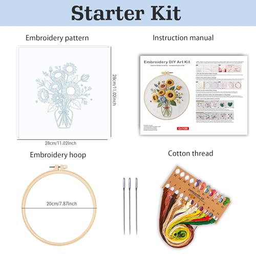 spicssa Embroidery Kit for Beginners, Hand Needlepoint Kits for Adults with Pre-Stamped Patterns, 7.8-Inch Hoop, Threads & Needles, Step by Step Instructions - color: sunflower