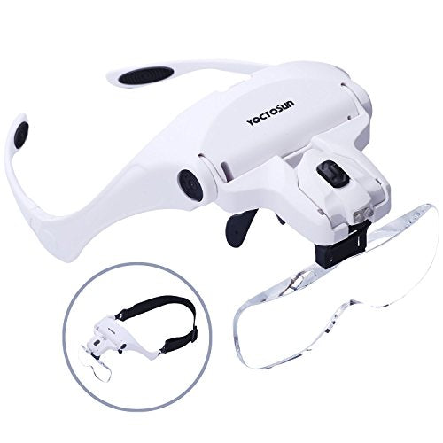 YOCTOSUN Head Mount Magnifier with 2 Led Professional Jeweler's Loupe Light Bracket and Headband are Interchangeable - style: Head Magnifier with 2 LED Lights