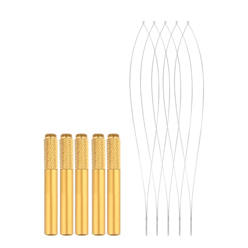 Hair Extension Looper for Micro Beads 5Pcs Sewing in Extensions Removable Pulling Hook Tool Loop Handle Threader for Feather Extensions - color: 2 Gold