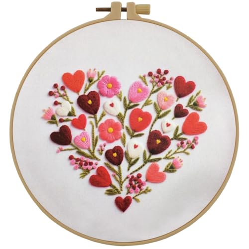 Esffaci Embroidery Starter Kit for Adult Beginner with Love Heart Flowers Pattern Hand Embroidery Set with Cloth Hoop Needle Threader Floss and Instruction - color: Heart