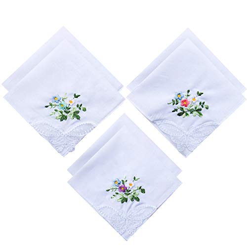 6 Pack of Ladies Embroidery Cotton Handkerchiefs Lace Wedding Hankies - color: Floral