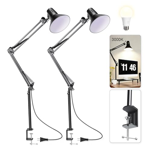 Black Desk Lamp with Clamp, Extra-Tall Adjustable Metal Swing Arm, 2 Pack - color: Black, size: 2pack3000K Warm Light-Extra Long Swing Arm