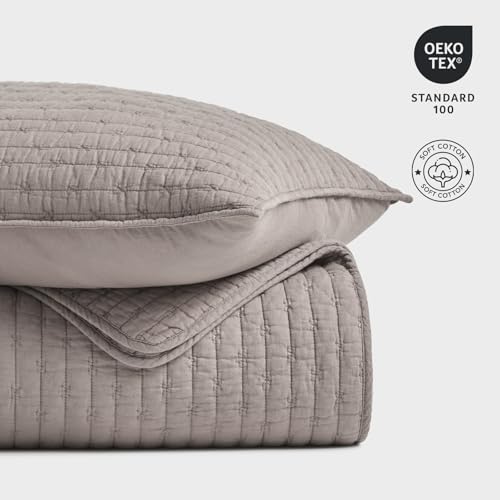 EVERGRACE 100% Cotton Cross Stitch 3-Piece Quilt Set, Queen, Taupe - color: Taupe, size: Full/Queen (92" X 96")