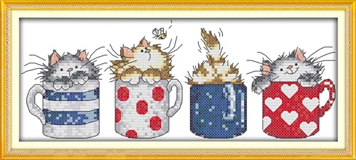 Funcrostitch Counted Cross Stitch Kits for Beginners,14ct Unprinted Pattern Embroidery Kit Dmc Cotton Threads Needleworks for Adults-Cats Hide in The Cups 11.4"×5.1" - color: 01.14CT Counted Kit,Cats hide in the cups 11.4"×5.1"