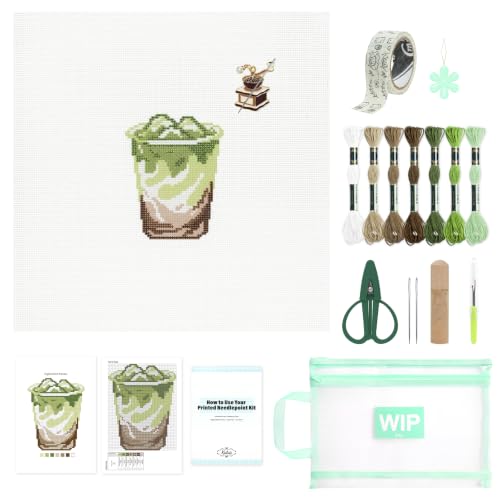 Kaitiaki 18 mesh Needlepoint Canvas Kit, 8 in Painted Canvas Set with Embroidery Floss, Needles, Guide Card, Instruction, Threader, Scissors & Project Bag for Crafter Gift(Matcha) - color: Matcha Latte, size: 18 mesh
