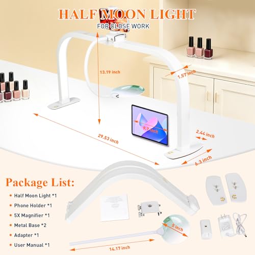 Half Moon Nail Desk Lamp with 5X Magnifier & Phone Holder - color: White