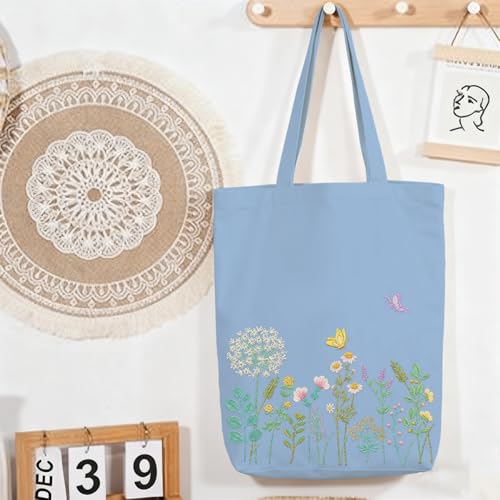 CREAWONDER Canvas Tote Bag Embroidery Kit with Pattern for Beginners, Arts and DIY Embroidery Crafts Kits for Adults, Include Instructions, Embroidery Hoops, Color Threads and Tool - color: CR002 banmeng lightblue