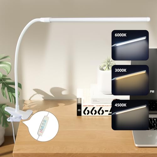 Clip on Desk Lamp, Flexible Arm, 14'' Light‑Bar Dimming Task Light, White