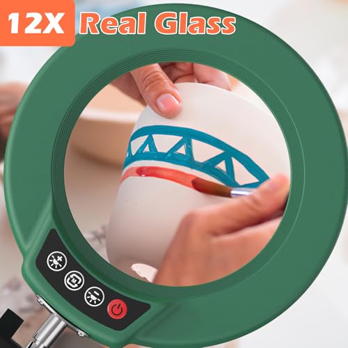 12X Magnifying Glass with Light and Stand, Real Glass Lens Desk Lamp, Lighted Magnifier with Light Stepless Dimming Hands Free for Craft, Reading, Painting, Sewing, Solder - Green - color: Green