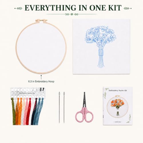 Flower Bouquet Embroidery Kit Beginners, DIY Hand Embroidery Set with Hoop