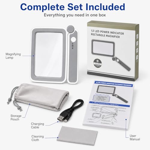 TECHSHARE 4X Rechargeable Magnifying Glass with Light, Large Rectangular Glass Lens, 10 LEDs, 3 Brightness Levels, USB-C Foldable Magnifier for Reading Books, Bible, Small Print, Seniors