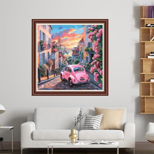 Dimensean Counted Cross Stitch Kit for Beginners, 11CT Unprinted Cross-Stitch Kit Easy Patterns Needlepoint Kit Cross Stitching Embroidery Kit Supplies-Flower Street Car Scenery 18x18 inch - color: Patterns13