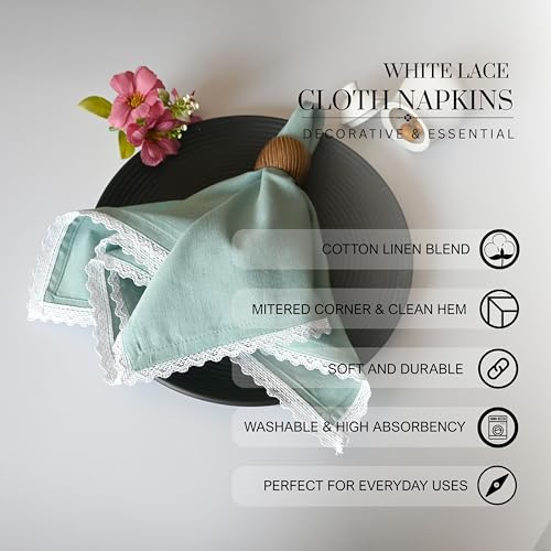 FINGERCRAFT Lace Cloth Napkins, Cotton Linen, 4 Pack, 20x20 Inch,Aqua - color: Aqua, size: 20" x 20" (Set of 4)