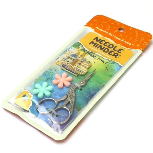 Awesome Pattern Studio Needle Minder Set – Venice Magnetic Needle Minder + 2 Needle Threaders + Crane Scissors. Enamel Pin for Cross Stitch, Embroidery and Craft - size: Venice Set #2