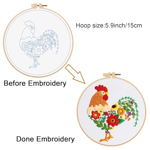 Louise Maelys Embroidery Kit for Beginners with Funny Rooster and Flower - color: Rooster