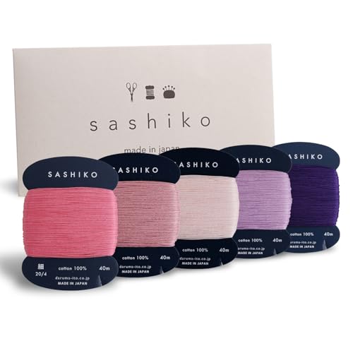 DARUMA Sashiko Thread 100% Cotton Card Type (43.7 yd) x 5 Colors with English Manual, Sewing & Embroidery Value Set with Gift Package(Thin, Tefutefu) - color: Tefutefu, size: Thin