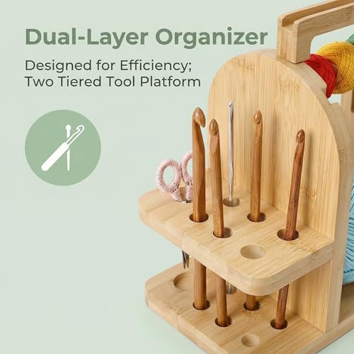 Wooden Yarn Holder with Phone Stand & Handy Tool Slot – Portable Yarn Spinner and Detachable Organizer Box for Crocheting, Knitting Projects and Yarn Storage