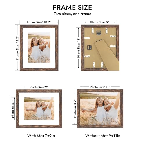 Hongkee 9x11 Picture Frame with Real Glass Wood Frame, 1 Pack(with Mat 7x9) - color: Rustic Brown, size: 9X11 in