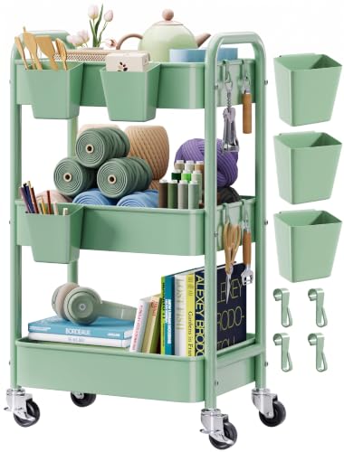 3 Tier Rolling Storage Cart Metal with Wheels,Sage Green Diaper Caddy Carts - color: Sage Green, size: 3 Tier + Cups + Hooks