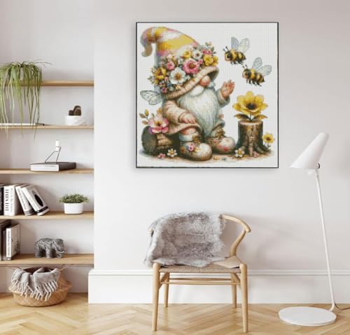 Gnome Stamped Cross Stitch Kits Gnome Cross Stitch Patterns,Bee Dimensions Cross Stitch Kits Embroidery Kit Arts and Crafts for Beginners 13.7x13.7 inches - color: D051