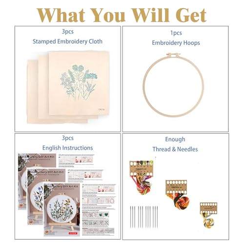 GLTAYLMY Flower Embroidery Kit for Beginners with Pattern and Instructions,3 Pack Cross Stitch Kits,1 Plastic Embroidery Hoops,Threads and Needles,Needlepoint Kit for Adults - color: Grass