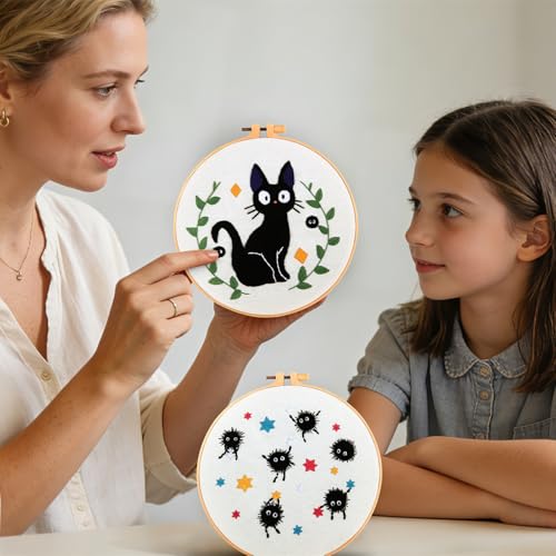 Cat Embroidery Starter Kit for Beginners Adults, Animal Stamped Cross Stitch Kit for Adult Beginner, Hand Embroidery Needlepoint Kits, 2 Set Embroidery Supply, 2 Hoops (Attached Video Tutorial) - color: Black Cat, size: 8inch