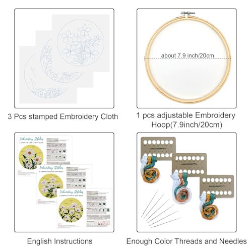 Louise Maelys 3 Pack Floral Embroidery Kit for Beginners with Supplies - color: 3 florals