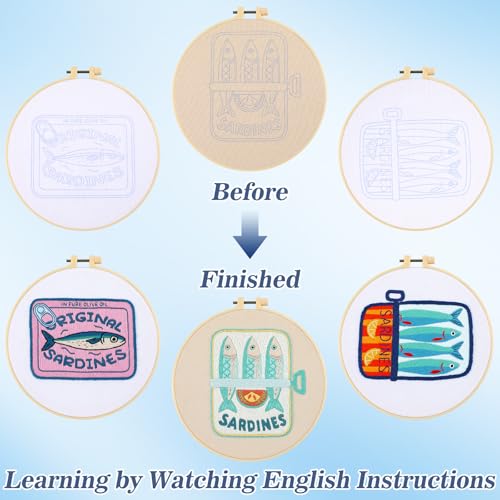Mindsoft 3 Set Needlepoint Kit for Beginners with Hoop,Sardine - style: Sardine