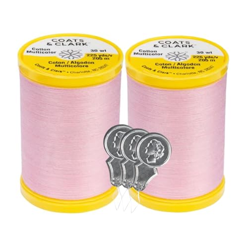 Coats & Clark Cotton All Purpose Sewing Thread 100% Mercerized Cotton 225 Yards Each Spool S970 2 Pack Bundle with 3 Bella's Crafts Needle Threaders (Light Pink) - color: Light Pink